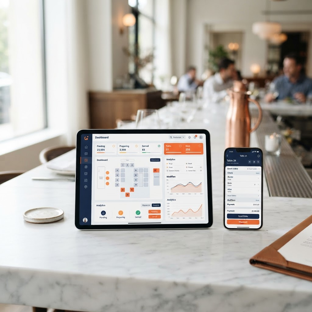 Yourbizz.app hospitality management shown on a tablet and phone
